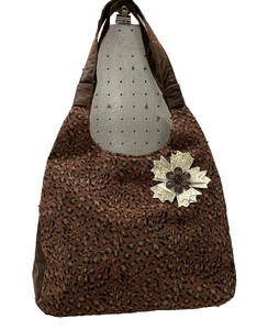 Boho Shoulder Bag Tote Womens Brown Zip Top Flower Brooch Pockets Hobo - Picture 1 of 12