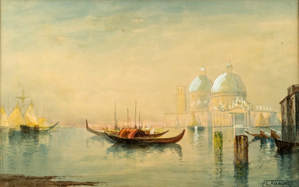 Gran Canal de Venecia, acuarela antigua, firmada AL BLANCHARD, enmarcada Foto 1 de 4