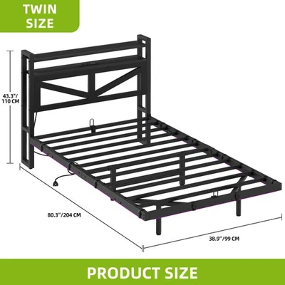 Twin/Full Size Metal Floating Bed Frame with Charging Station Storage Headboard - Image 1 of 4