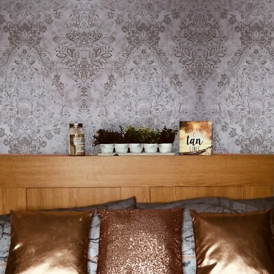 Rollo Papel Pintado Texturizado Rosa Metálico Vintage Yeso Diamante Floral Damasco Foto 1 de 4