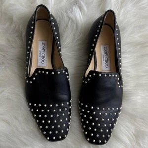 Jimmy Choo Jaida Flat Black Leather white pearl detail loafers Sz 38.5 IT - Picture 1 of 4