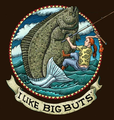 Ray Troll I Like Big Buts Halibut pez juego de palabras Nueva camiseta adulto L,S descontinuada Foto 1 de 2