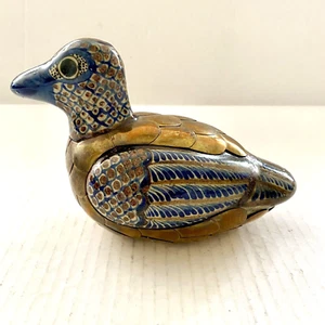Vintage Tonala Mexiko Keramik Vogel mit Messingüberzug - Handarbeit 7" blau & braun - Bild 1 von 12