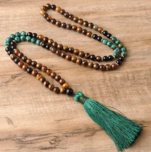 Healing Meditation Amulet Tassel Necklace Tigers Eye  Turquoise 108 Mala Prayer - Picture 1 of 2