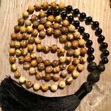 8mm Picture Stone Black Onyx 108 Beads Tassel Mala Necklace Blessing Lucky bless