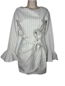 Sabo Skirt White Tan Pinstripe Cut Out Ruffle Wrap Dress Sz XS NEW - Picture 1 of 11