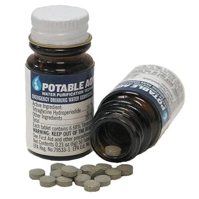 Potable Aqua Water Purification Tablets for Travel Camping Hiking, 2x50ct Bottle