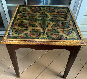 Unique Reverse Painted Framed Glass Top Side Wood End Table, Peru, 22" Square