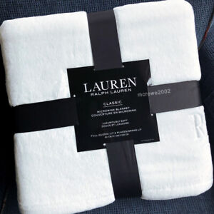 Ralph Lauren ~ WHITE~ Micromink Plush FULL Double BED BLANKET fleece RL Emb Logo