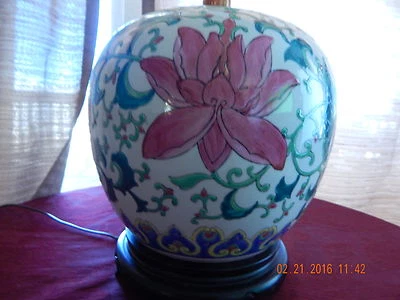 VINTAGE Family Rose Porcelain Bowl /Jar Enameled with wooden base LAMP 19th C. - Image 1 of 4