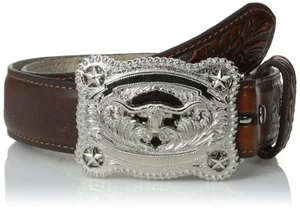 Nocona Boys Western Belt, Brown,Tooled Longhorn Buckle, 1-1/4", Size 22 - Picture 1 of 1