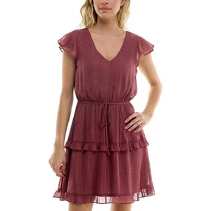 BCX Juniors Metallic Tiered Mauve Color Ruffle Sleeves XL Mini Dress - Picture 1 of 6