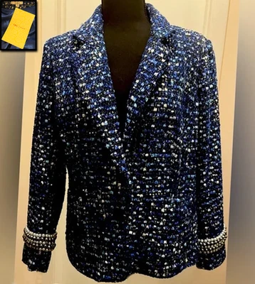 ¡NUEVO CON ETIQUETAS! CHAQUETA BLAZER TOP JOAN RIVERS AZUL TWEED LENTEJUELAS BLANCO PERLA RIBETE 3X Foto 1 de 4