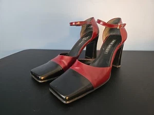NINE WEST Red Black Ankle Strap Chunky Heels Square Toe Women Pumps Y2K 7.5 - Picture 1 of 11