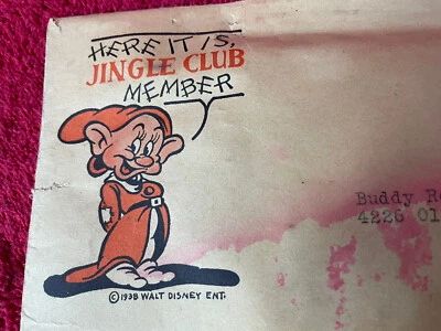 Rare 1938 Disney Snow White 7 Dwarves Jingle Club Envelope - Image 1 of 3