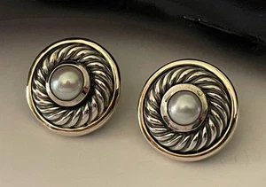 David Yurman 14k Gold & Sterling Silver Cable Pearl Center Clip On Earring - Picture 1 of 13