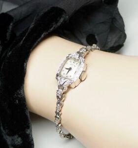 Vtg Ladies Hamilton 14K White Gold Watch + Diamonds 14K White Gold Band 17 Jewel