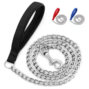 4ft Dog Metal Chain Leash Heavy Duty Strong Walking Lead Line Soft Padded Handle - Picture 1 of 20