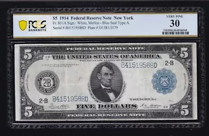 US 1914 $5 FRN New York District FR 851a PCGS 30 VF (588) - Picture 1 of 2