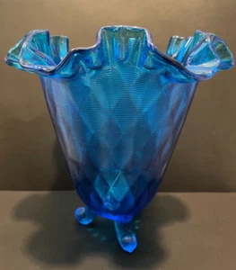 Vintage Fenton Cobalt Blue Quilted Ribbed and Footed Ruffle Vase - Picture 1 of 9