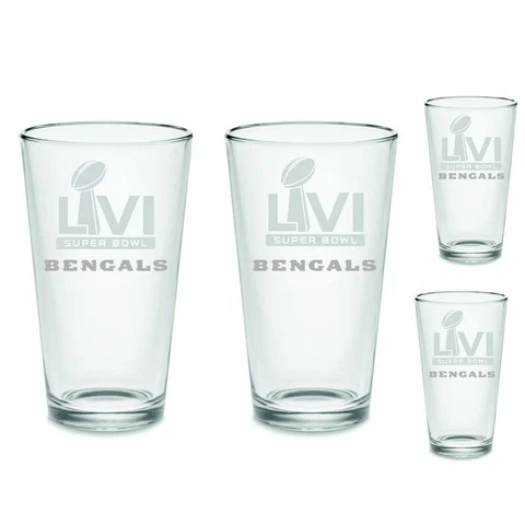 SET - Bengals Super Bowl 56 - 2022 Custom Pint Beer Glasses Etched Tumblers Cover