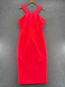 Ted Baker Dress Womens 4 US 10 Bright Coral Scuba Neoprene Bodycon V Neck Midi - Picture 1 of 11