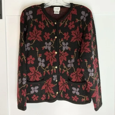 Cárdigan floral oscuro abotonado vintage Liz Baker CottageCore talla mediana gruesa Foto 1 de 4