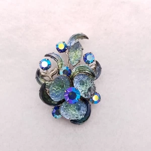 Vtg Judy Lee Unsigned Brooch Silver Tone Blue Rhinestone Blue Molded Glass - Picture 1 of 5