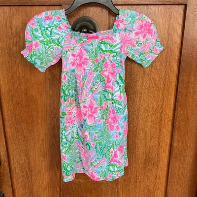 LILLY PULITZER Mini Delaney Dress Girl's Small Almafi Puffed Sleeve Smocked NWT - Image 1 of 3