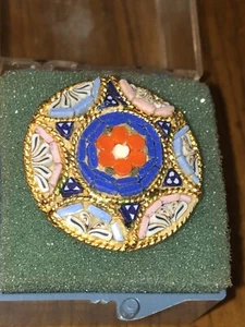 Antique Italian Micro Mosaic Gold Tone Round Brooch Pin Red Flower 1” - Picture 1 of 7