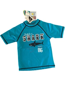 BNWT Boys Sz 3 Aqua Shark Logo Sun Star Brand Short Sleeve Rash Vest UPF50+ - Picture 1 of 1