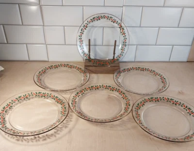 Christmas Dinnerware Clear/Holly/Berry/Gold Trim ~ Arby's/Libby/Arcoroc ~ Vtg - Image 1 of 4