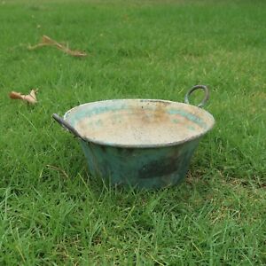 Antique Copper Round Bottomed Rustic Pot Planter with Handles Verdigris Patina