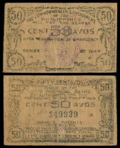 Philippine 50 Twenty Centavos, LEYTE Provincial Board WW2 Emergency Note 1943 - Picture 1 of 4
