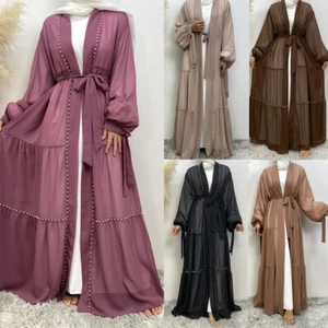 Dubai Kimono Robe Women Open Cardigan Beads Chiffon Abaya Dress Muslim Robes - Bild 1 von 66