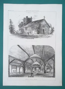 ARCHITETTURA Warburton Timber Church Cheshire Inghilterra - 1860 stampa litografica - Foto 1 di 1