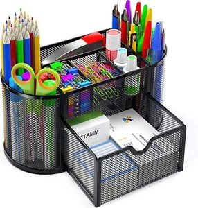 Desk Organizer Pen Pencil Holder Storage Tray Desktop Office Metal Mesh Black - Picture 1 of 10