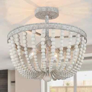LNC 16 in. Modern Farmhouse Antique White Wood Beaded Semi-Flush Mount 3-light - Picture 1 of 10