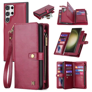 Fr Samsung S24 Ultra/S23Ultra/S22 Soft Large Card Slots Zipper Strap Wallet Case - Picture 1 of 28
