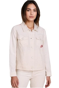 C&C California Jacket Womens Large White With Red Flowers Linen Blend - Picture 1 of 4