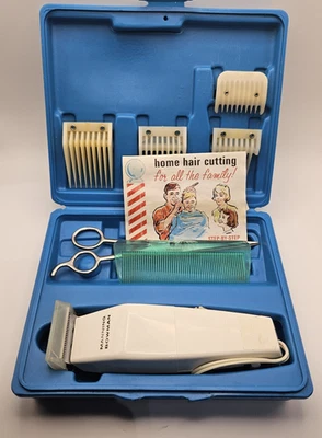Kit de corte de cabelo vintage Manning Bowman Home barbeiro TESTADO cortadores de caixa originais - Imagem 1 de 4
