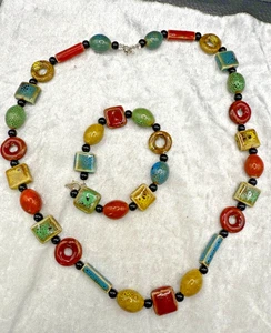 Vintage Keramik glasiert Perlen Halskette Armband geometrische Formen 25" 8" - Bild 1 von 7