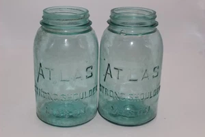 2 VINTAGE ATLAS STARKE SCHULTER 1 QUART BLAU GLAS EINMACHGLÄSER H - Bild 1 von 2