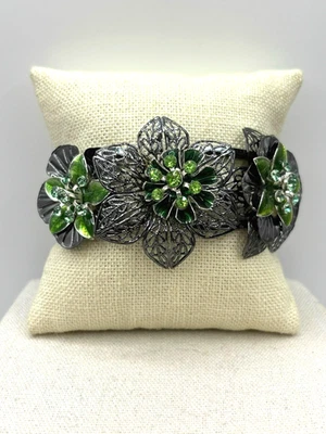 Зеленый кристалл со стразами филигранный цветок Gunmetal тон Clamper манжеты браслет - Изображение 1 из 4