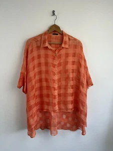 Grizas Shirt Size Large Orange 100% Silk Check Oversized Blouse Top Sheer - Picture 1 of 10