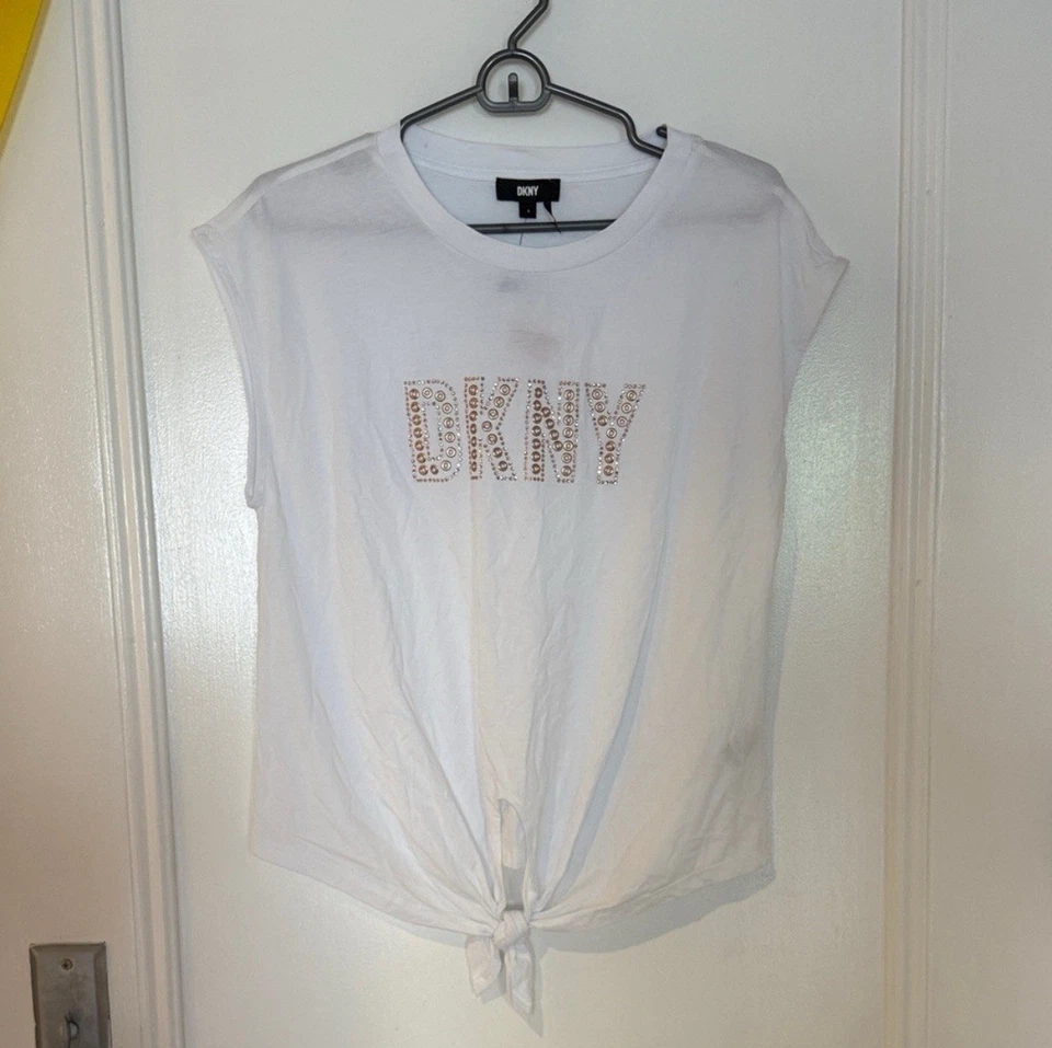 Top DKNY Blanco Corbata Frontal Logo Nuevo con Etiquetas Mujer Pequeño S Foto 1 de 3