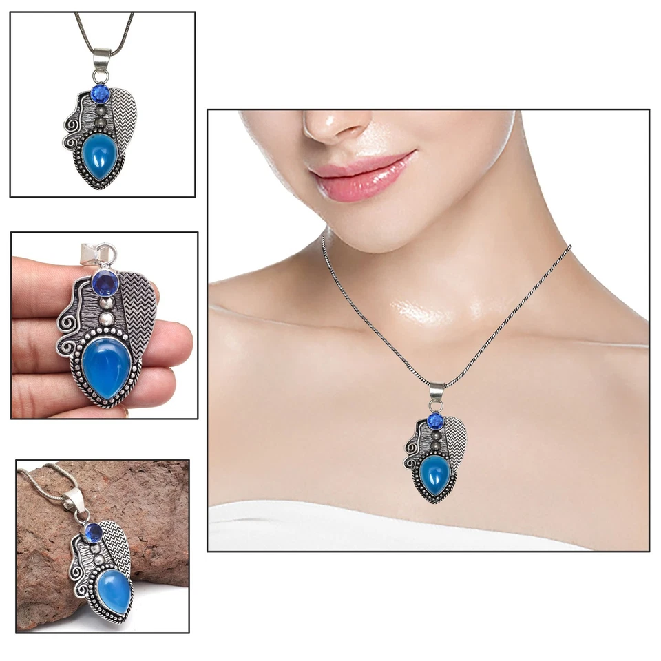 Colgante de joyería de plata unisex de 2,5" con piedras preciosas de amatista de calcedonia azul para mujer Foto 1 de 1