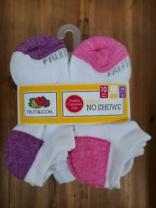 NO SHOWS Girl's Socks 10 Pk Size SMALL (Pink Purple Blue) Fruit of the Loom NEW