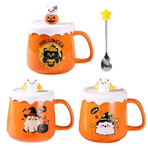 New Halloween Ceramic Mug With Lid Spoon Gift Coffee Pumpkin Cup Set - Picture 1 of 13