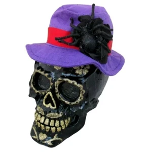 Day of the Dead Sugar Skull Halloween Decor Black Skeleton Purple Hat Spider - Picture 1 of 9
